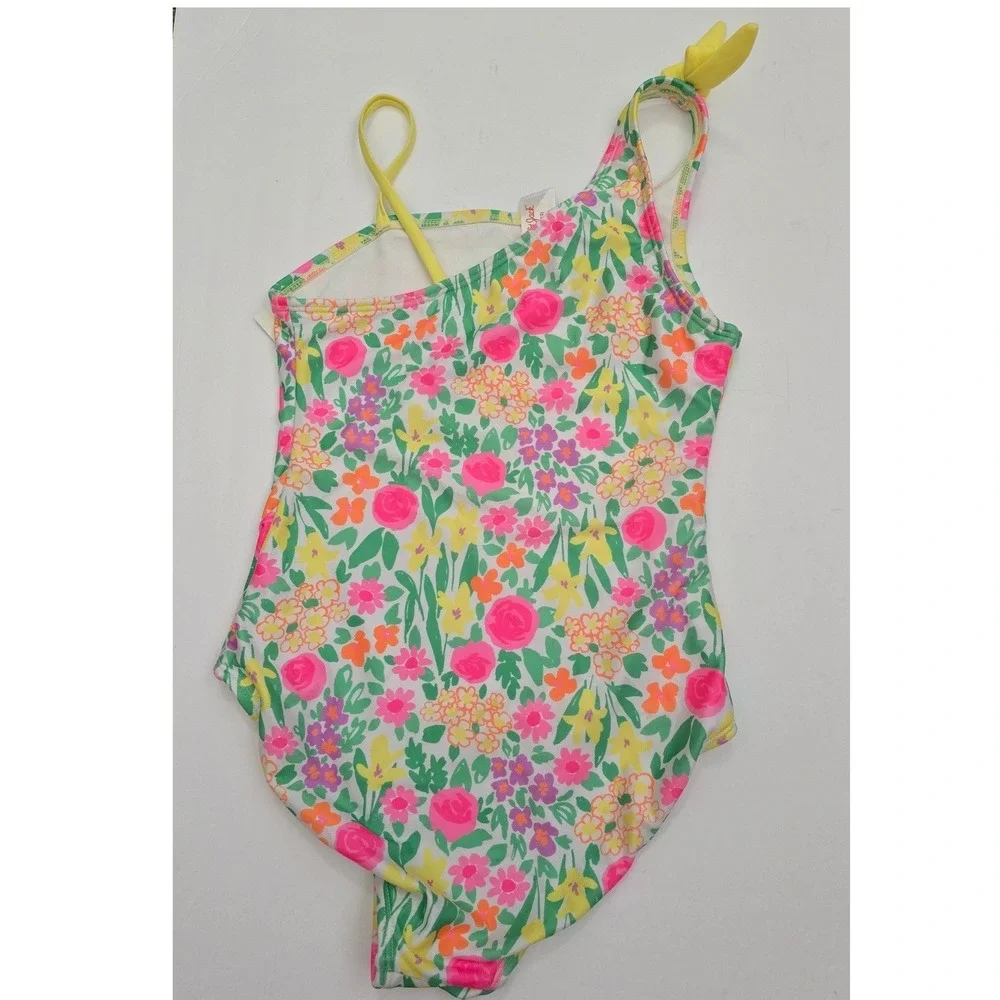 Cat & Jack Girls Floral One Piece Swimsuit Size L 10/12 UPF 50+ Pink Yellow NWT